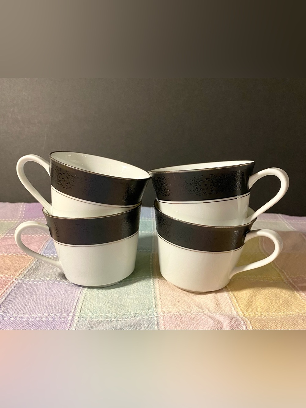 Set of 4 Noritake 6878 Mirano teacups — White with black embossed band embossed